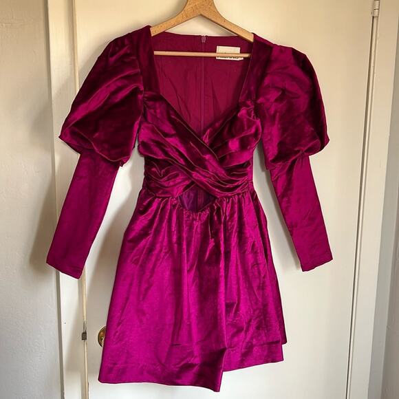 Alemais Rosario Long Puff Sleeve Cut Out Mini Dress Size 4 Fuchsia - Picture 3 of 7